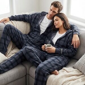 Fabletics Cozy Fleece Hooded Pajama Unisex Medium Gray Midnight Windowpane Plaid